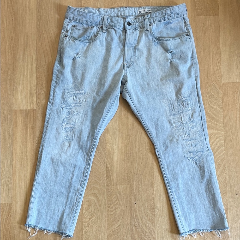 G-Star Raw 3301 Tapered Distressed Light Wash Jeans Size 38
